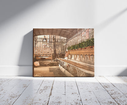 A picture of Spring of the Celestins, I, interior, Vichy, France, a mockup of the print leaning against a wall