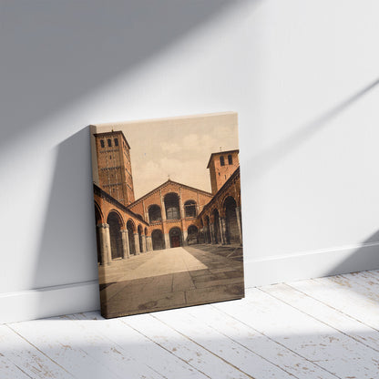 A picture of St. Ambrosius Church (i.e. Sant' Ambrogio), Milan, Italy, a mockup of the print leaning against a wall