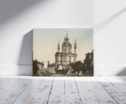 A picture of St. Andre's Church, Kiev, Ukraine, a mockup of the print leaning against a wall