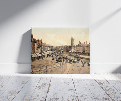 A picture of St. Augustine's Bridge, Bristol, England, a mockup of the print leaning against a wall