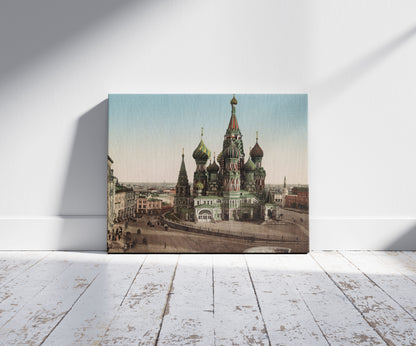 A picture of St. Basil Cathedral, Moscow, Russia, a mockup of the print leaning against a wall