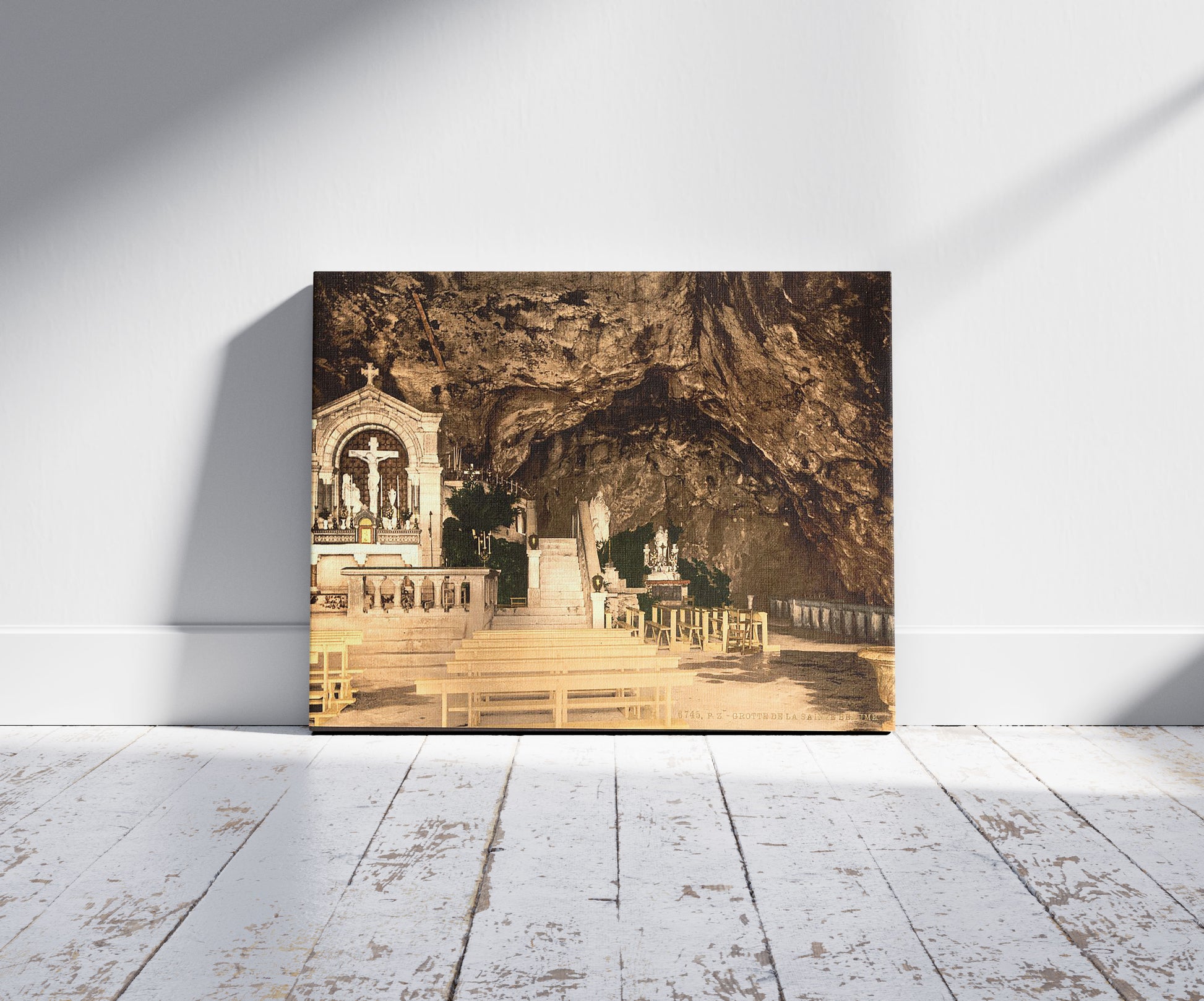 A picture of St. Baume, interior, Var, France, a mockup of the print leaning against a wall
