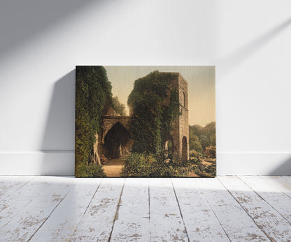 A picture of St. Bavon Abbey, the old tower, Ghent, Belgium, a mockup of the print leaning against a wall