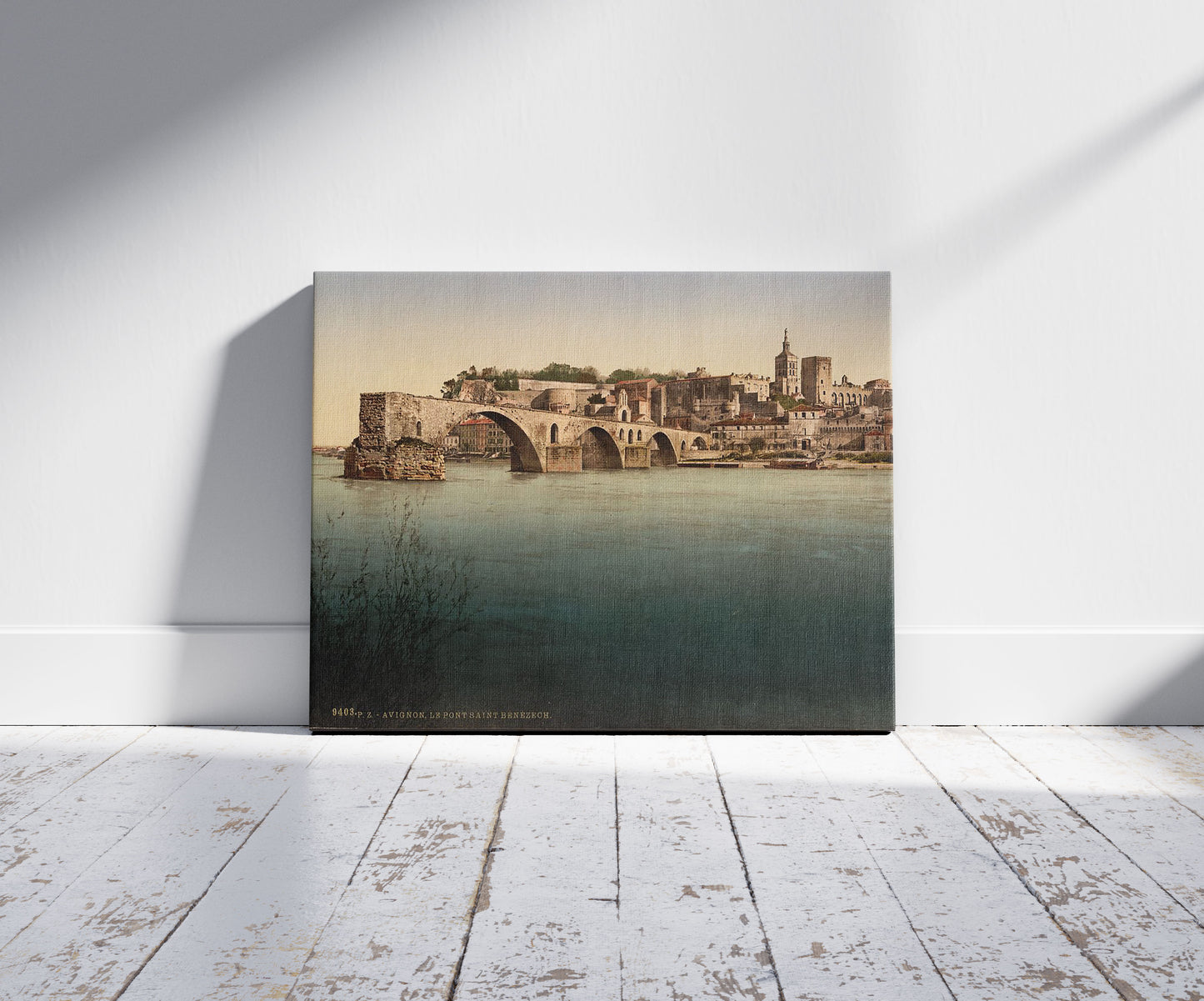 A picture of St. Benezech (i.e., Saint Bénéxet), bridge, Avignon,Provence, France, a mockup of the print leaning against a wall