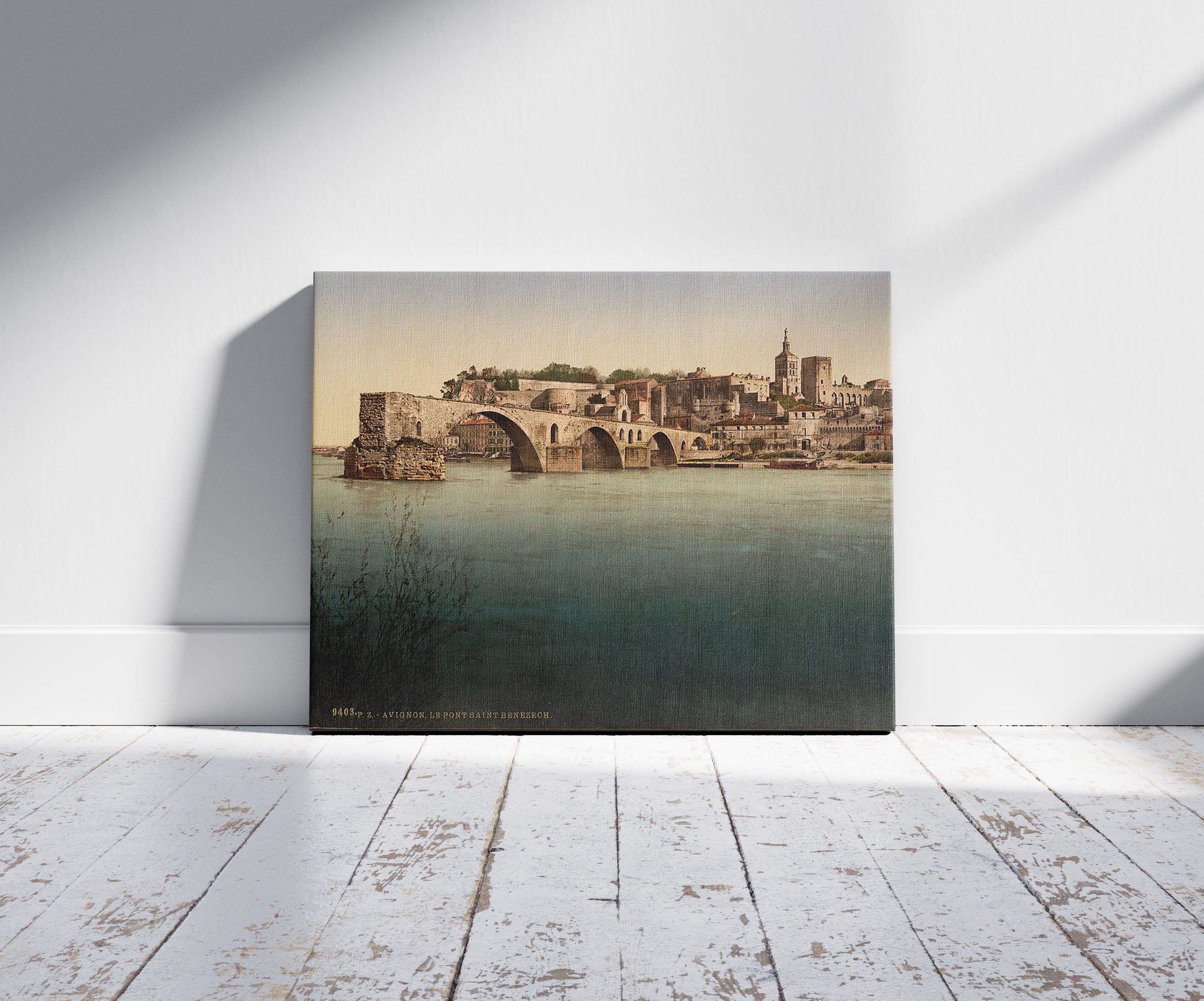 A picture of St. Benezech (i.e., Saint Bénéxet), bridge, Avignon,Provence, France, a mockup of the print leaning against a wall