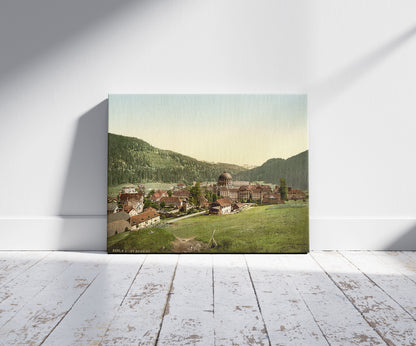 A picture of St. Blasien, general view, Black Forest, Baden, Germany, a mockup of the print leaning against a wall
