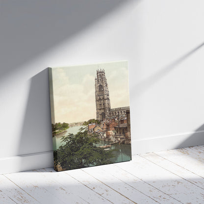 A picture of St. Botolph's Church and river, Boston, England, a mockup of the print leaning against a wall