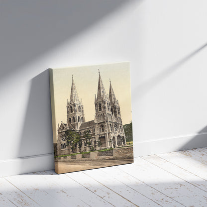 A picture of St. Finbar's Cathedral. County Cork, Ireland, a mockup of the print leaning against a wall