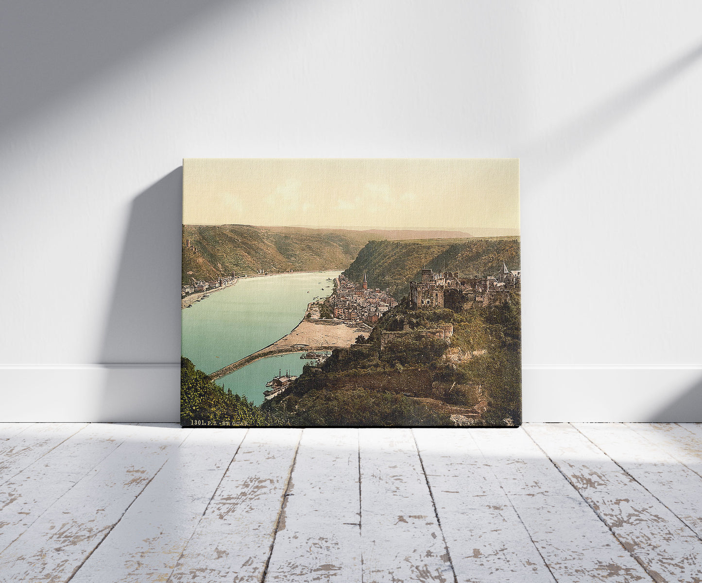 A picture of St. Goar, the Rhine, Germany, a mockup of the print leaning against a wall
