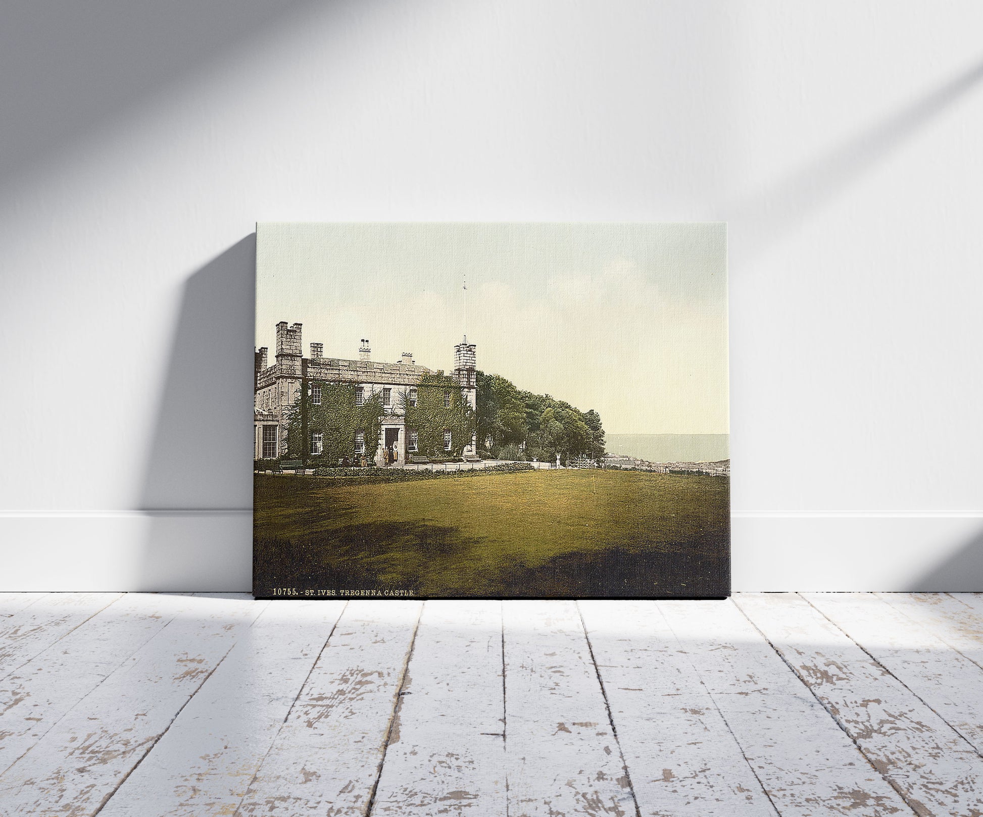 A picture of St. Ives, Tregenna Castle, Cornwall, England, a mockup of the print leaning against a wall