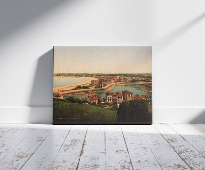 A picture of St. Jean de Luz and harbor, Pyrenees, France, a mockup of the print leaning against a wall