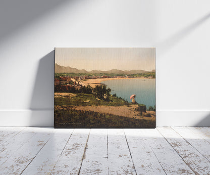 A picture of St. Jean de Luz, from Ste. Barbe, Pyrenees, France, a mockup of the print leaning against a wall