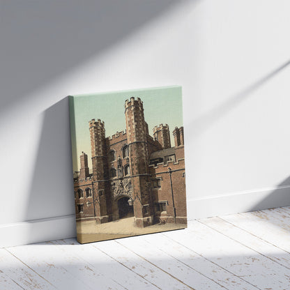 A picture of St. John's Gateway, Cambridge, England, a mockup of the print leaning against a wall