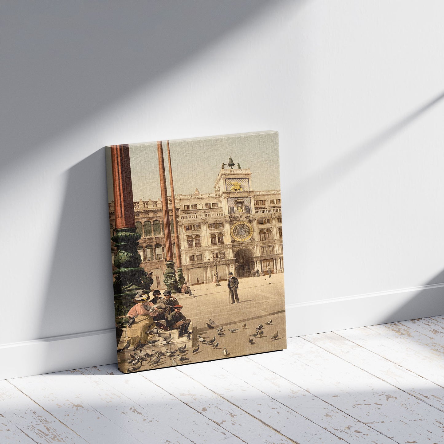 A picture of St. Mark's Place and Clock, Venice, Italy, a mockup of the print leaning against a wall