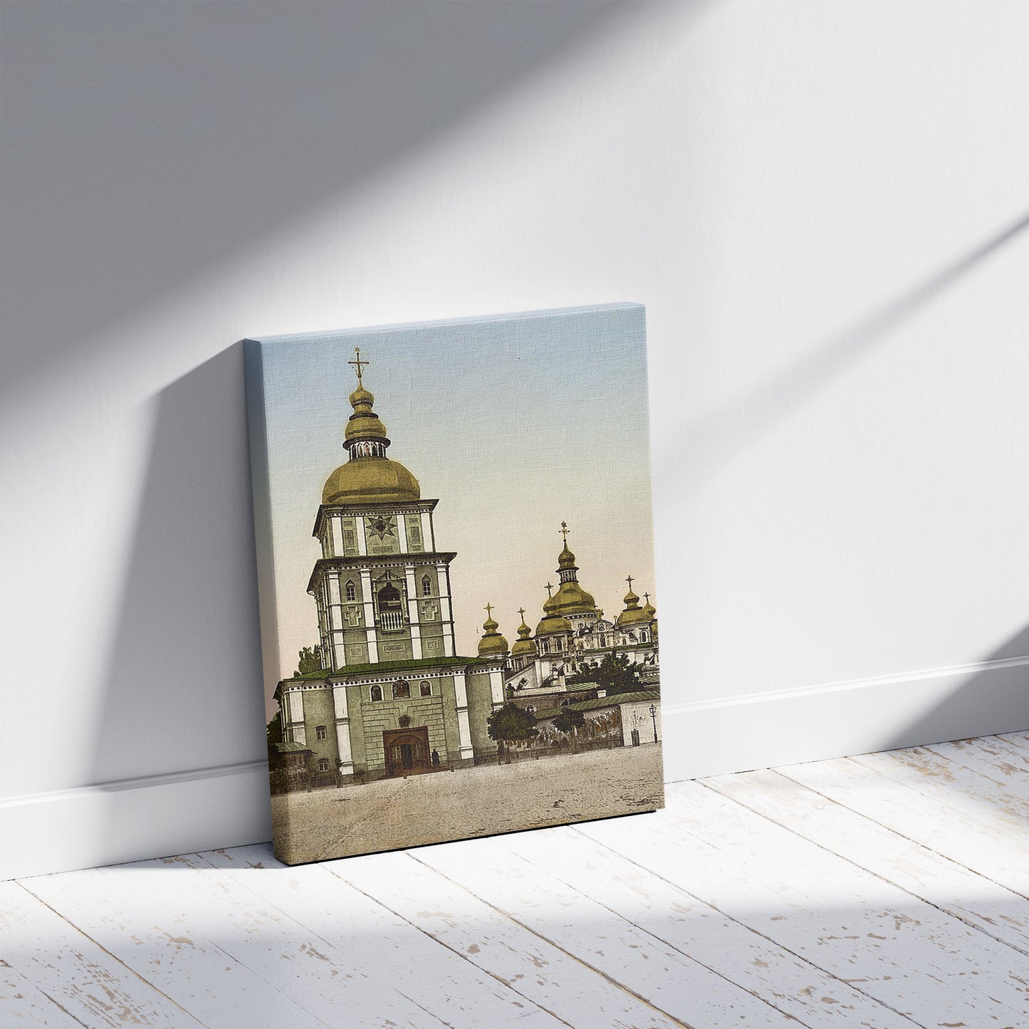 A picture of St. Michael Monastery, Kiev, Ukraine, a mockup of the print leaning against a wall