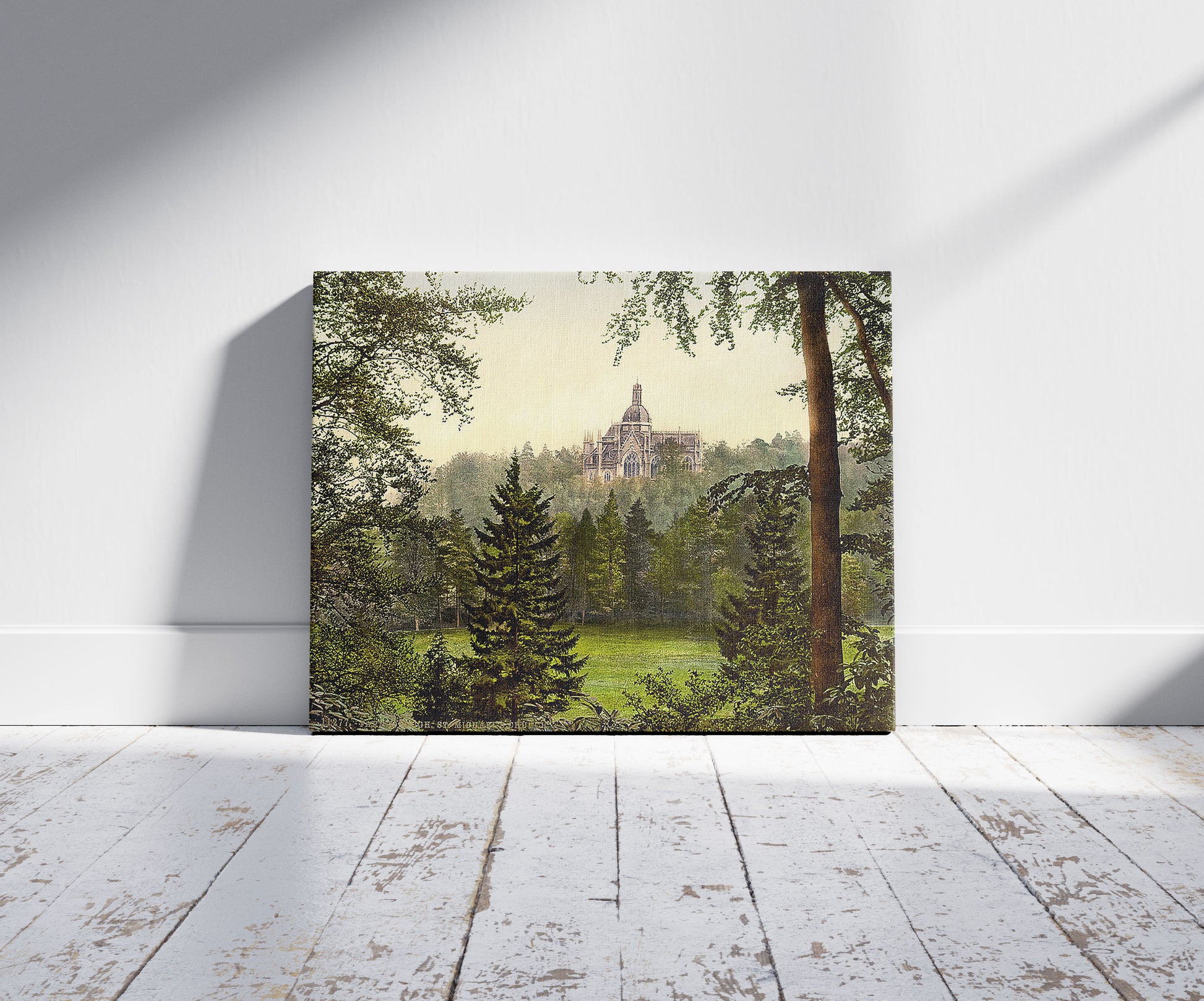 A picture of St. Michael's Abbey, Farnborough, England, a mockup of the print leaning against a wall