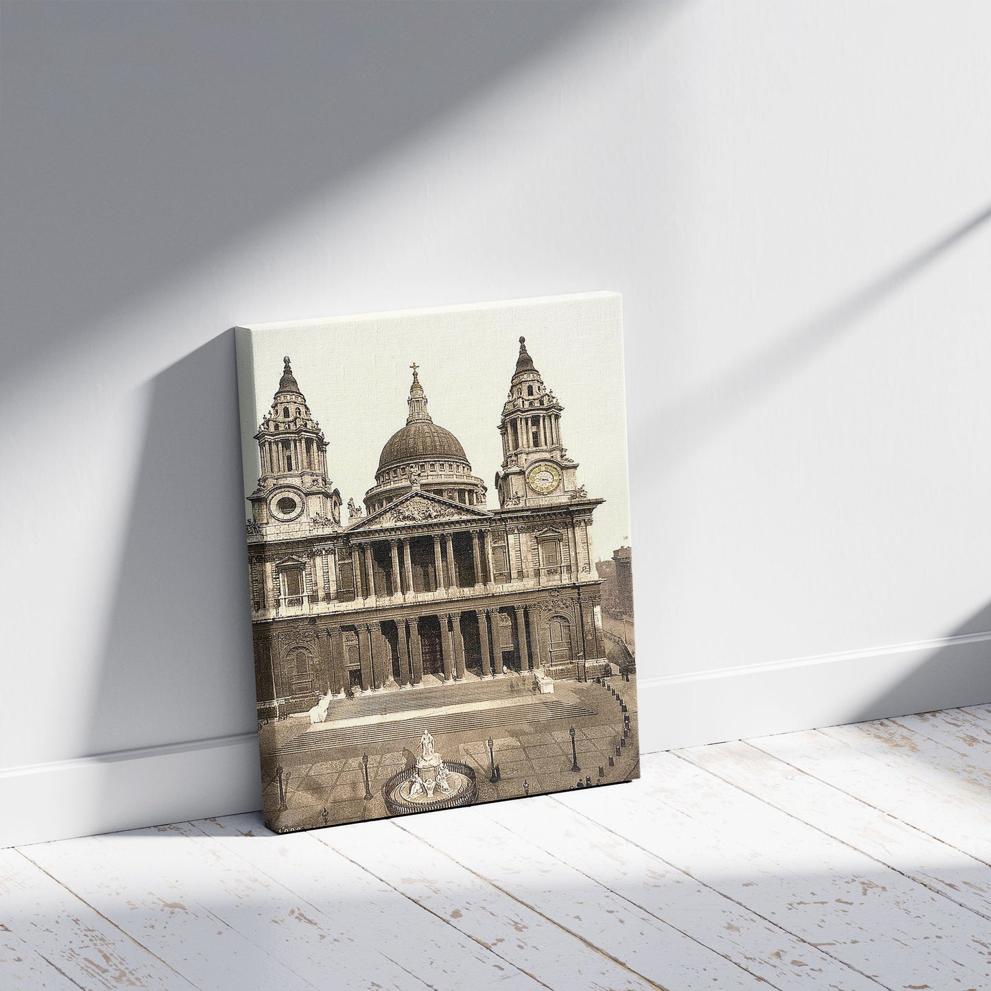 A picture of St. Paul's Cathedral, West Front, London, England, a mockup of the print leaning against a wall