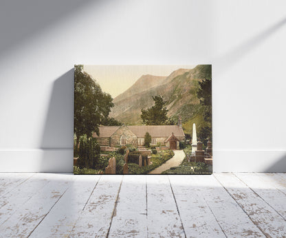 A picture of St. Peris Church, Llanberis, Wales, a mockup of the print leaning against a wall