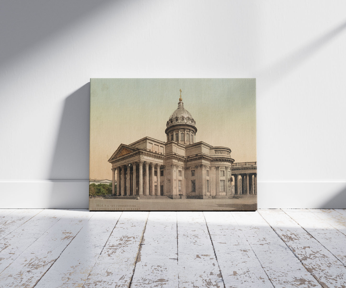 A picture of St. Petersbourg.  La Cathédrale de N.D. De Kasan, a mockup of the print leaning against a wall