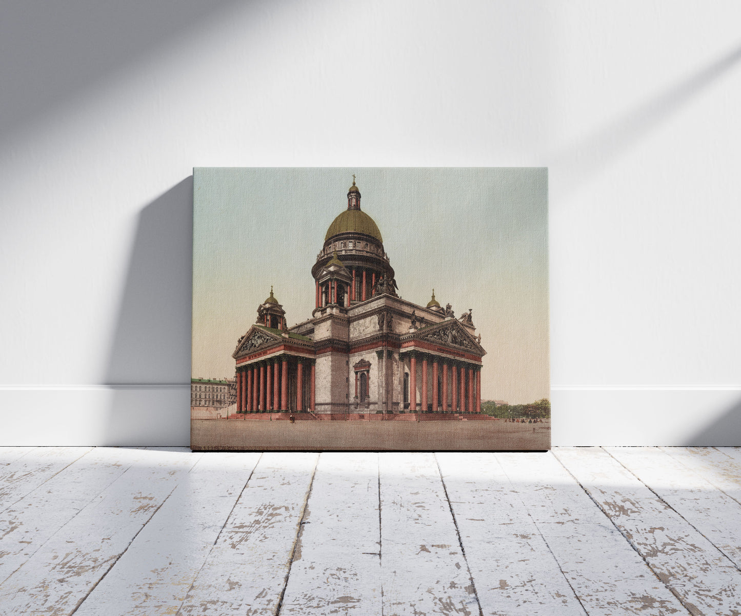 A picture of St. Petersbourg.  La Cathedrale Isaac, a mockup of the print leaning against a wall