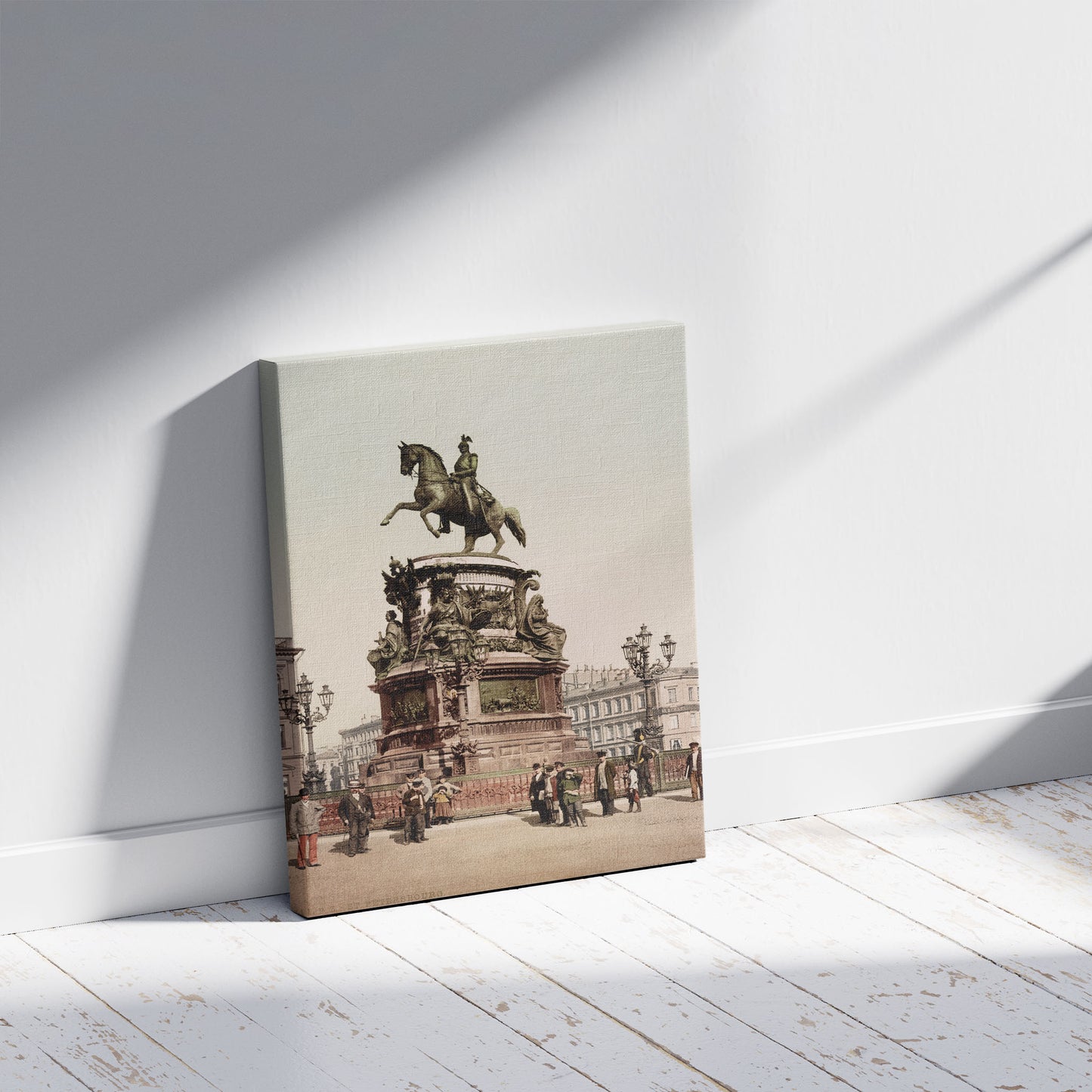 A picture of St. Pétersbourg.  Monument Nicolas. I, a mockup of the print leaning against a wall