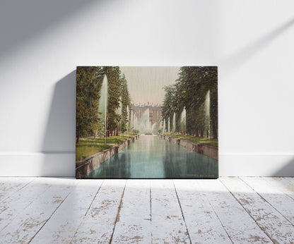 A picture of St. Petersburg Peterhof, a mockup of the print leaning against a wall