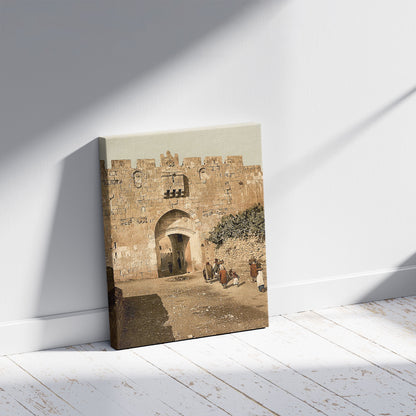 A picture of St. Stephen's Gate, Jerusalem, Holy Land, a mockup of the print leaning against a wall