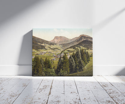 A picture of St. Ulrich, with Setscheda, Tyrol, Austro-Hungary, a mockup of the print leaning against a wall