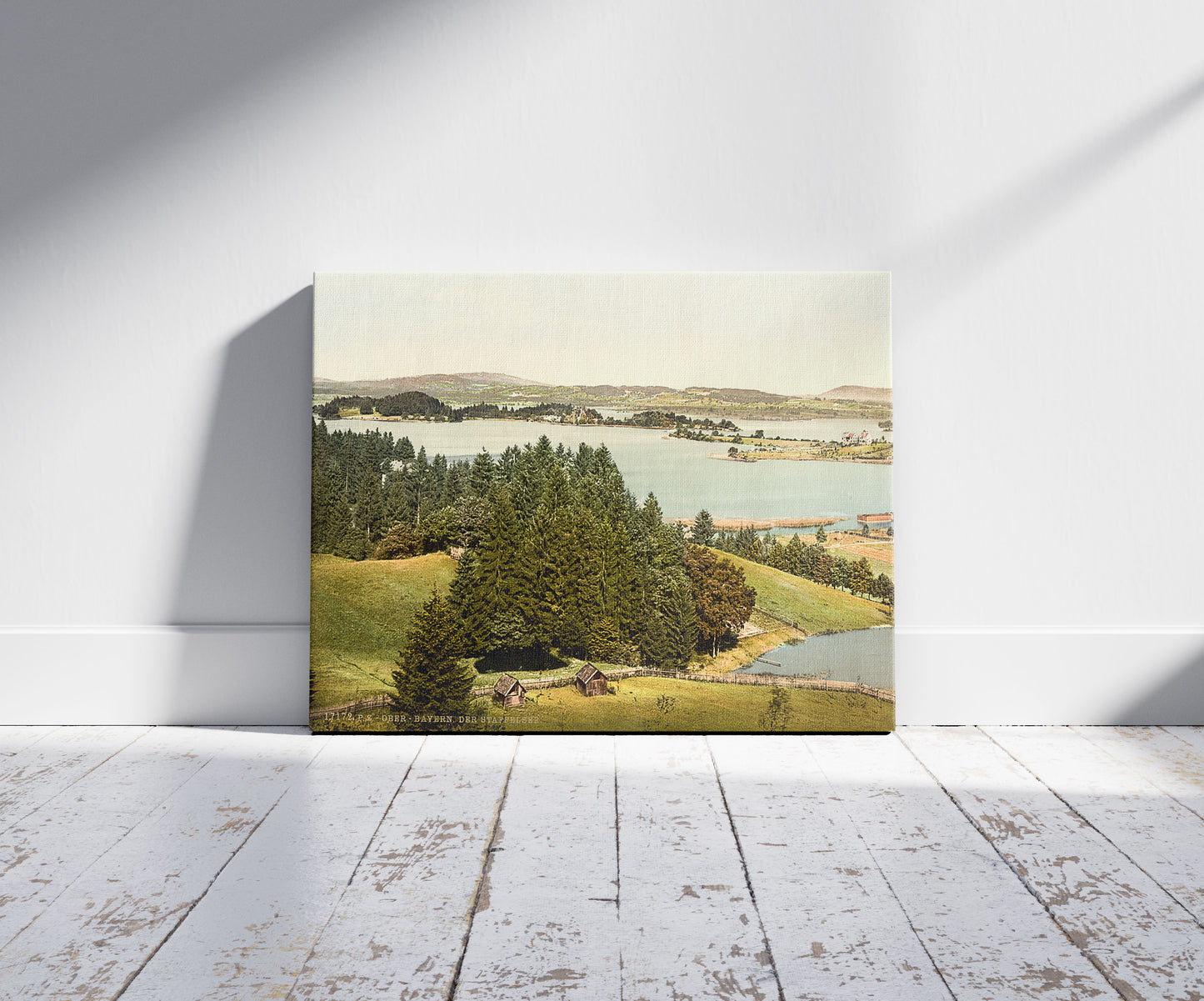 A picture of Staffelsee, general view, Upper Bavaria, Germany, a mockup of the print leaning against a wall