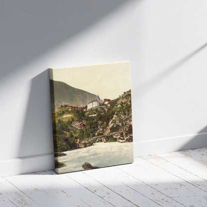 A picture of Stalden, general view, Valais, Alps of, Switzerland, a mockup of the print leaning against a wall