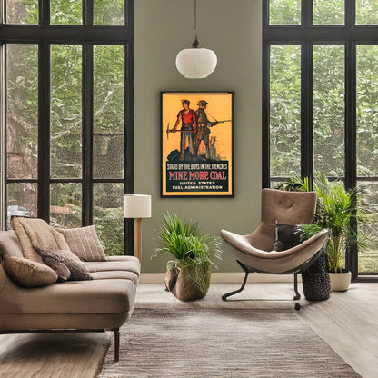 A picture of Stand by the boys in the trenches--Mine more coal, a mockup of the print leaning against a wall