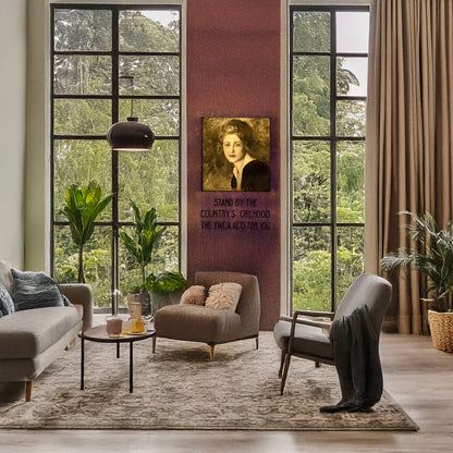 A picture of Stand by the country's girlhood--The Y.W.C.A. acts for you, a mockup of the print leaning against a wall