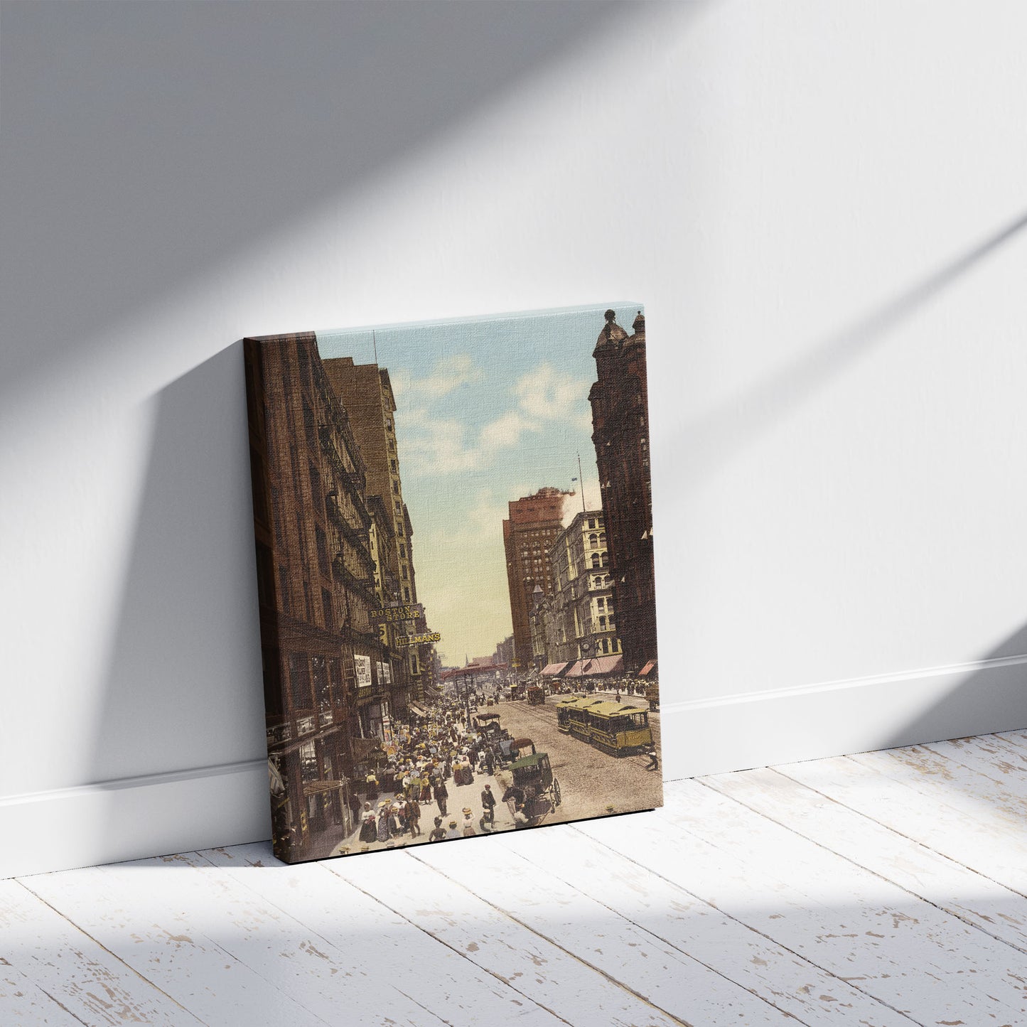 A picture of State Street, north from Madison, Chicago, a mockup of the print leaning against a wall