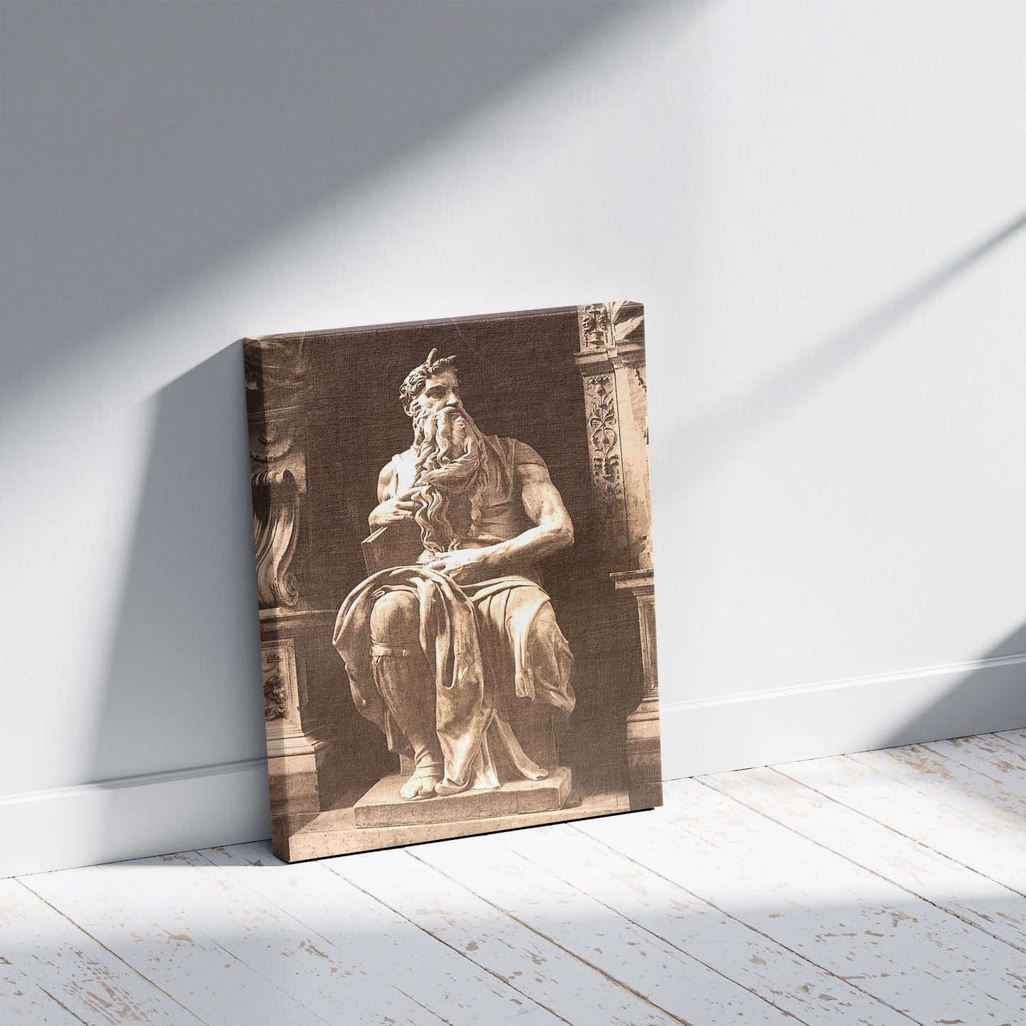 A picture of Statue by Michael Angelo, "The Seated Moses", Rome, Italy, a mockup of the print leaning against a wall