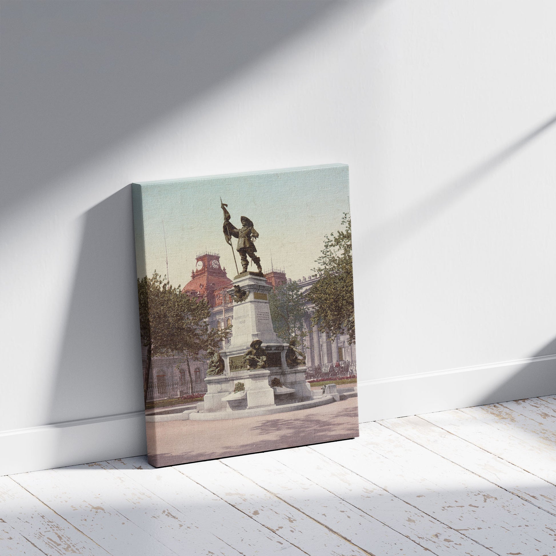 A picture of Statue of Maisonneuve. Montreal, a mockup of the print leaning against a wall