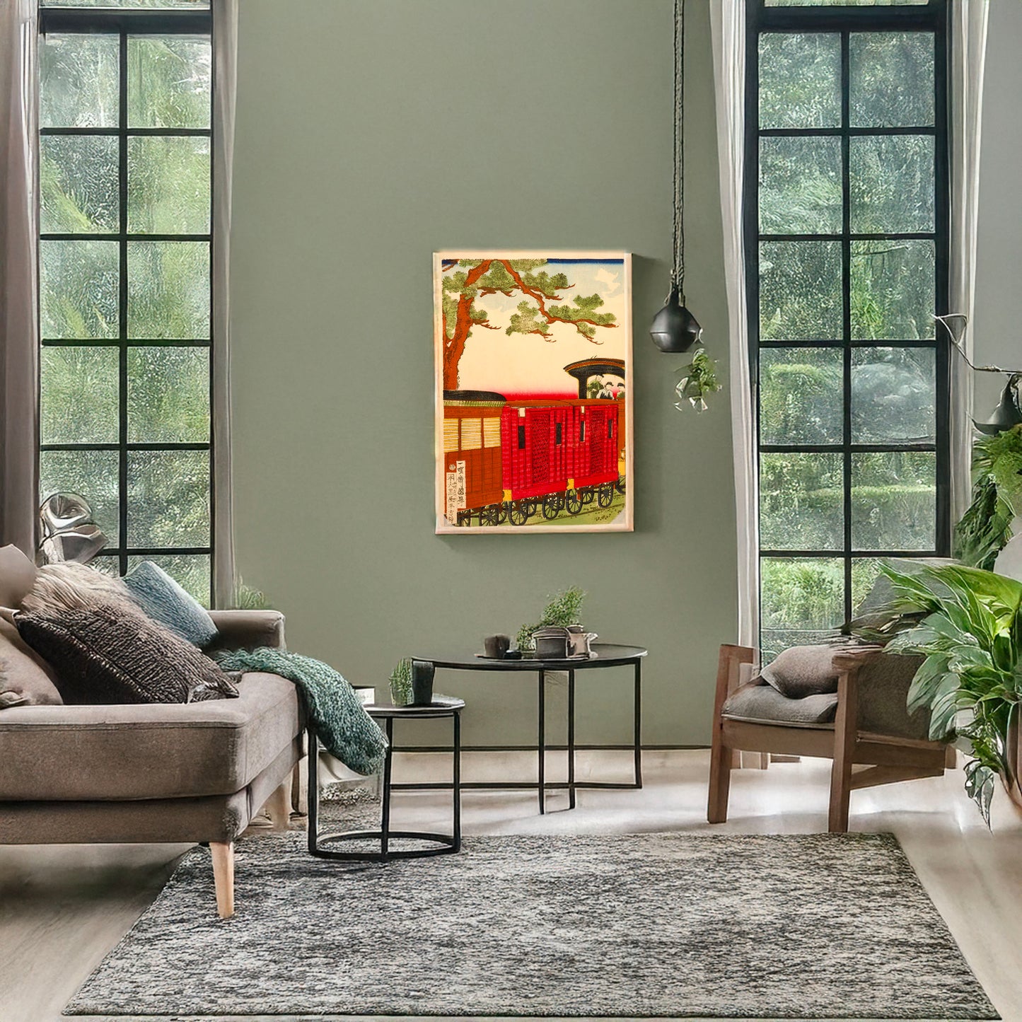 A picture of Steam train, a mockup of the print leaning against a wall