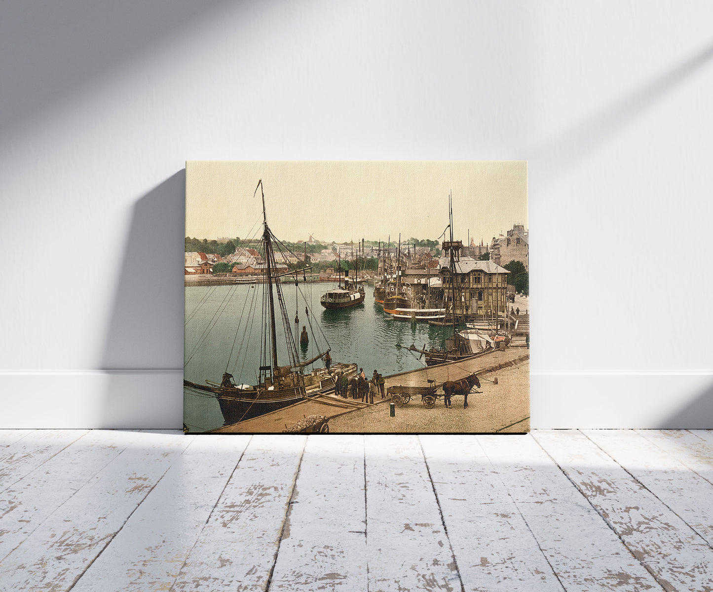 A picture of Steamboat pavillion and Jurgensbij, Flensburg, Schleswig-Holstein, Germany, a mockup of the print leaning against a wall