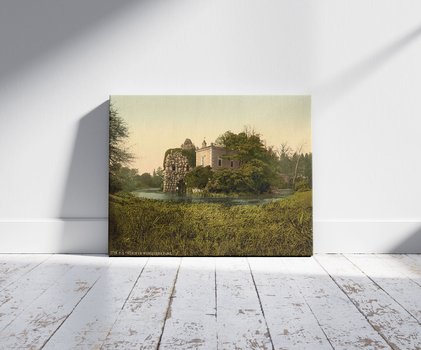 A picture of Stein, park of Worlitz, Anhalt, Germany, a mockup of the print leaning against a wall