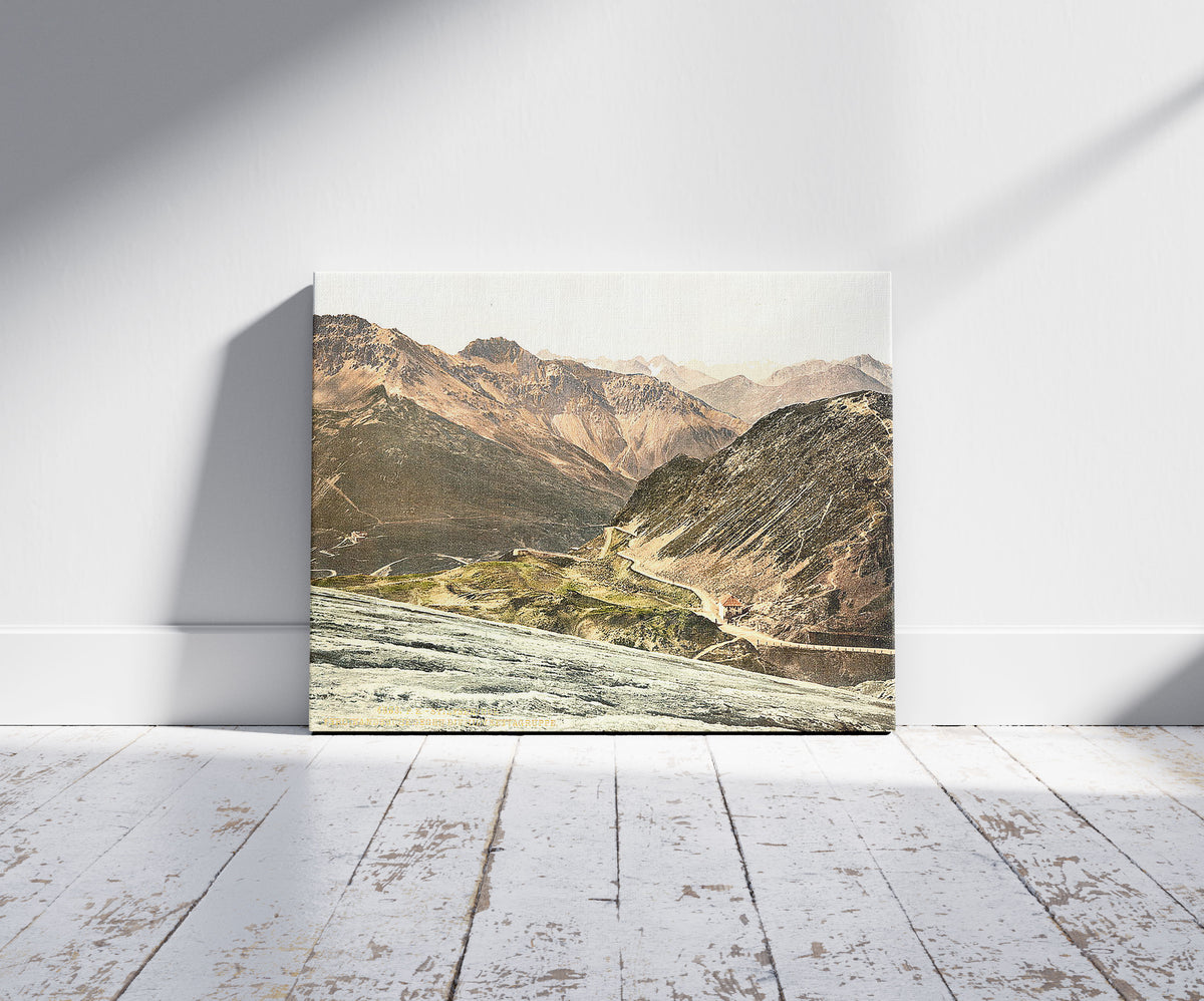 A picture of Stilferjoch (i.e., Stilfer Joch), Ferdinandshoshe and mountains of Silvretta, Tyrol, Austro-Hungary, a mockup of the print leaning against a wall