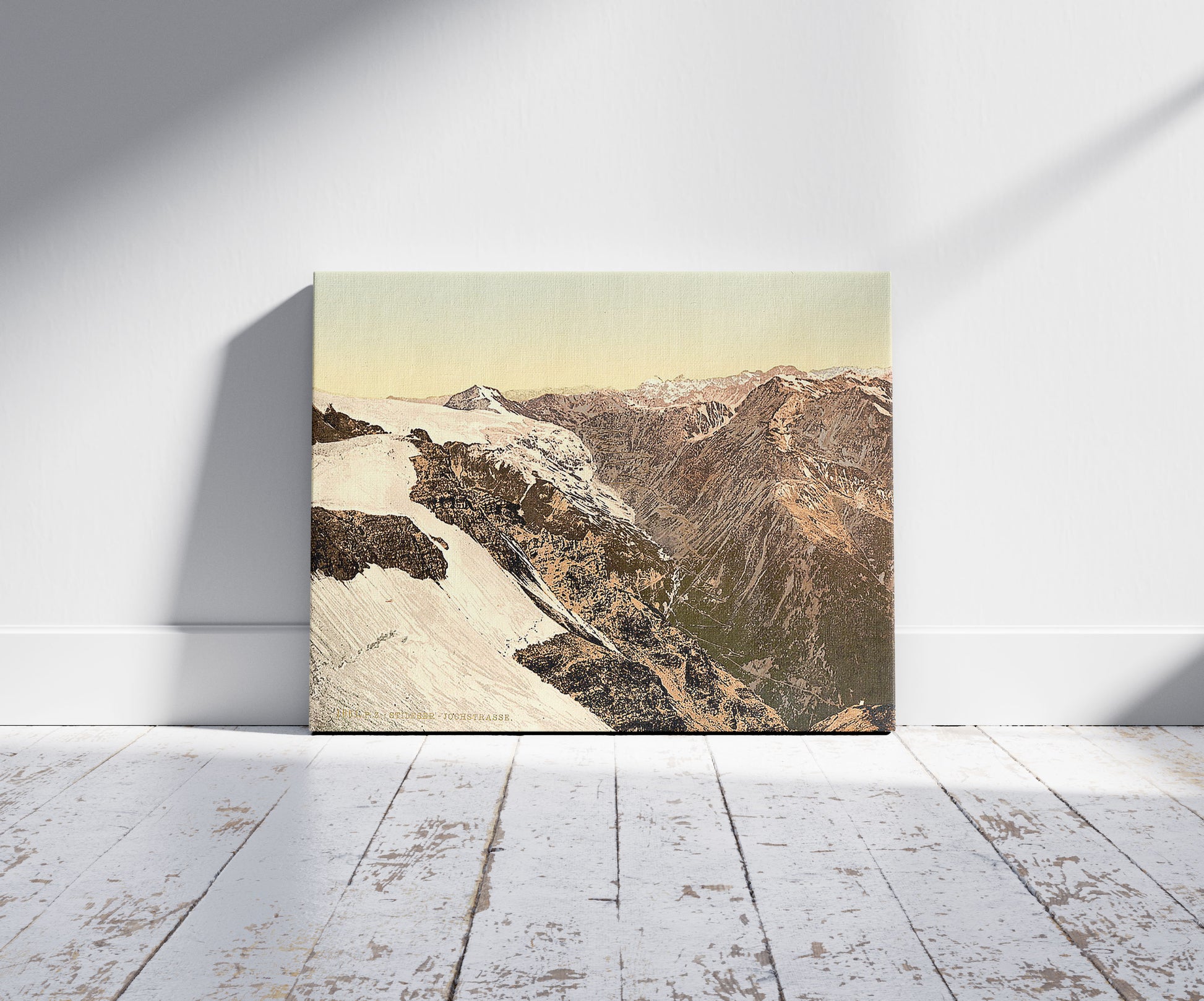A picture of Stilferjoch (i.e., Stilfer Joch) Road, from Payerhutte, Tyrol, Austro-Hungary, a mockup of the print leaning against a wall