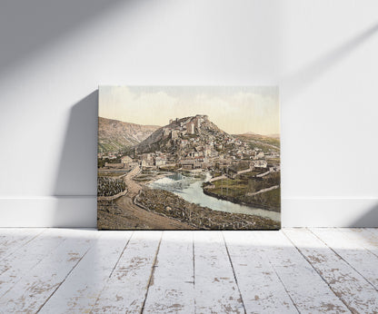 A picture of Stolac, Herzegovina, Austro-Hungary, a mockup of the print leaning against a wall