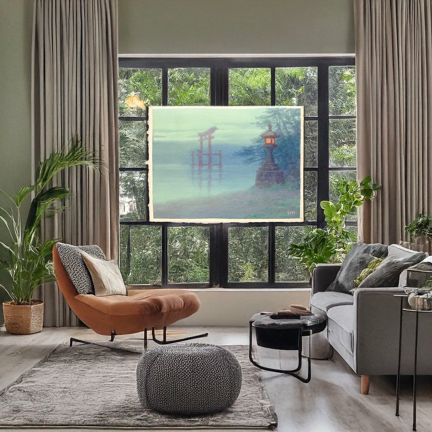 A picture of Stone lantern on shore and a torii in a lake, a mockup of the print leaning against a wall