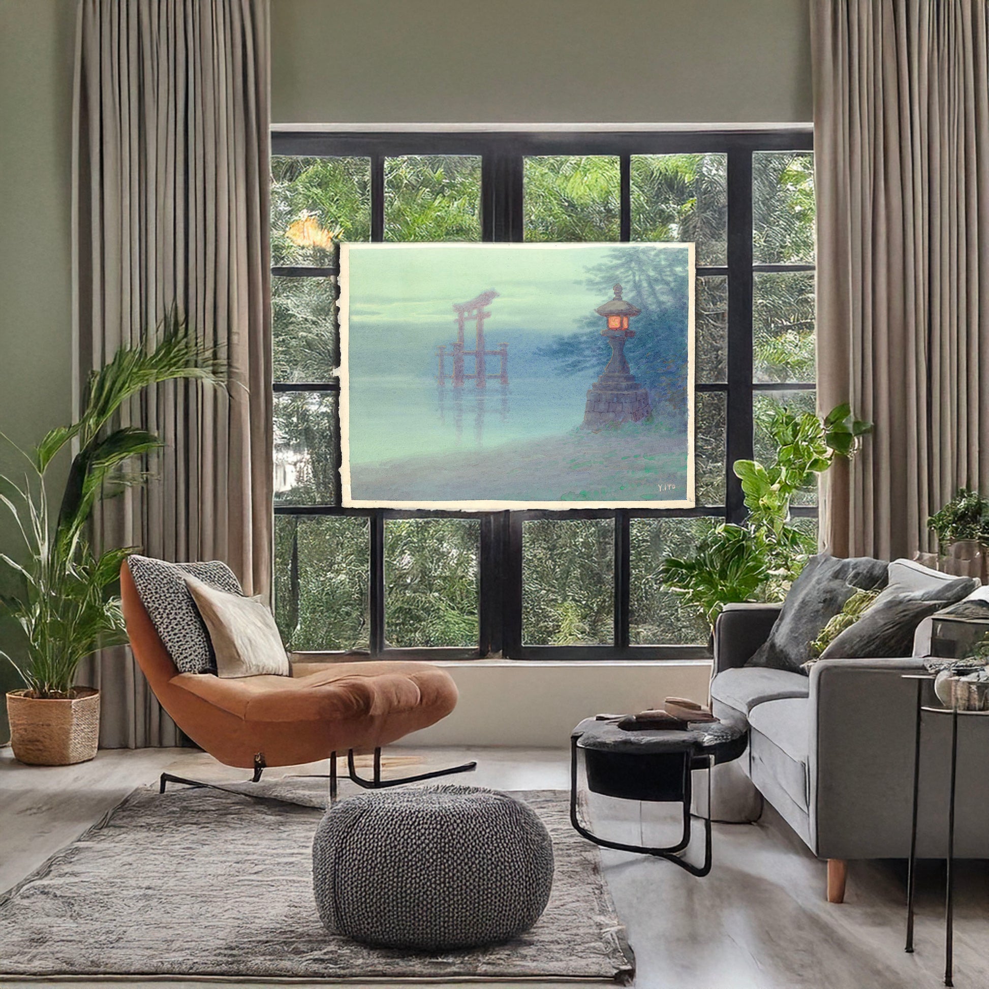 A picture of Stone lantern on shore and a torii in a lake, a mockup of the print leaning against a wall
