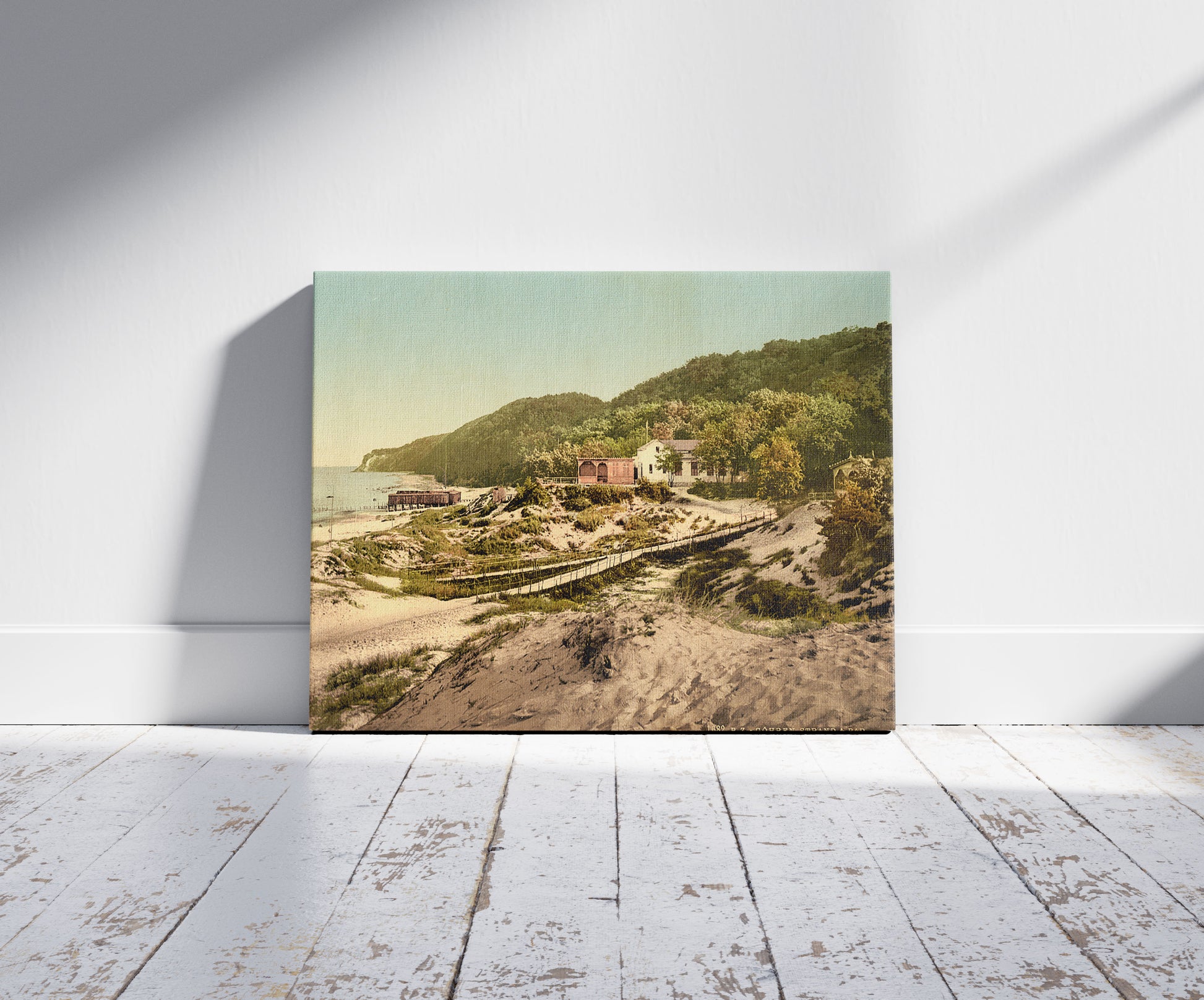 A picture of Strand and baths, Gohren, Isle of Rugen, Germany, a mockup of the print leaning against a wall