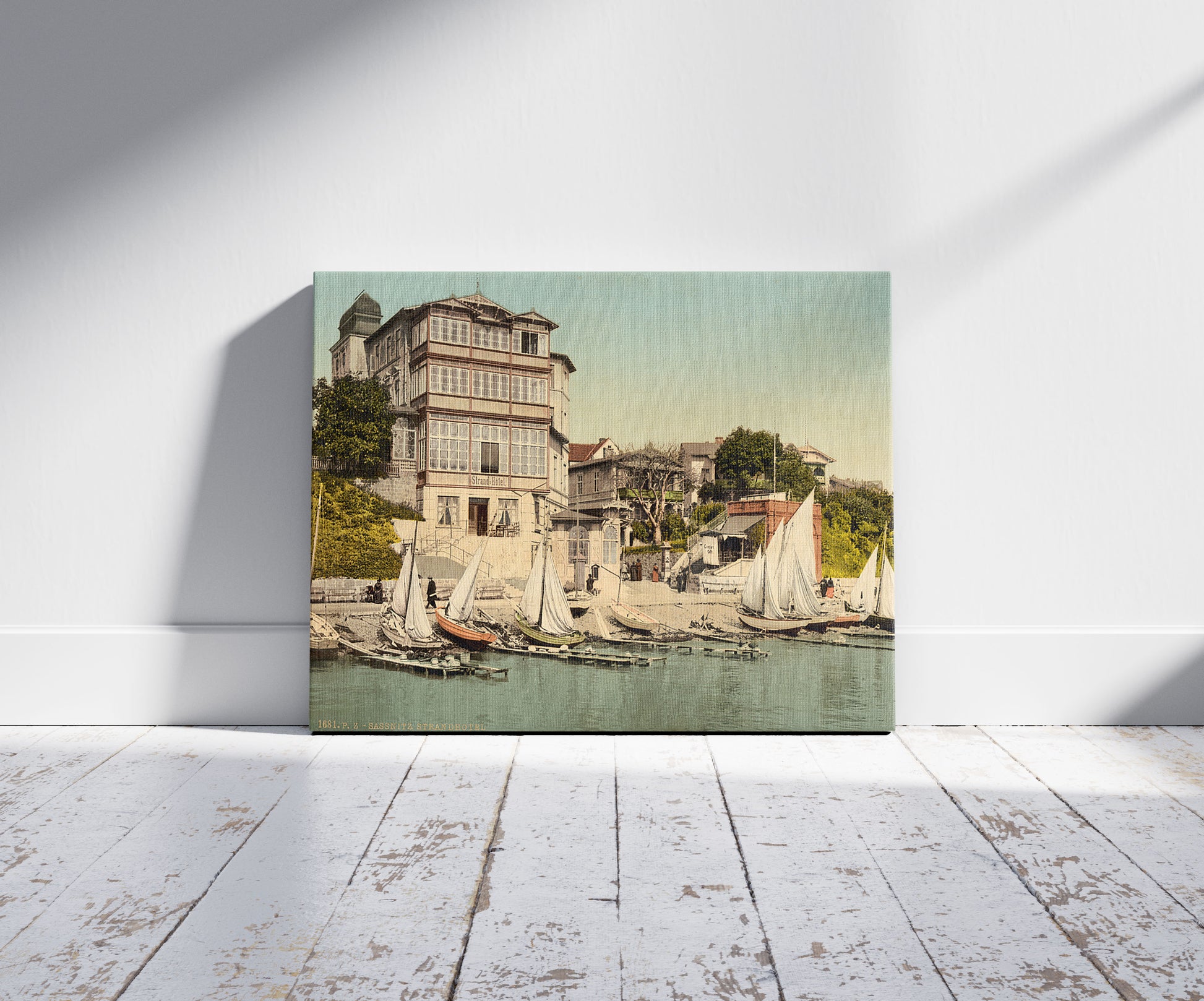 A picture of Strand Hotel, Sassnitz, Isle of Rugen, Germany, a mockup of the print leaning against a wall