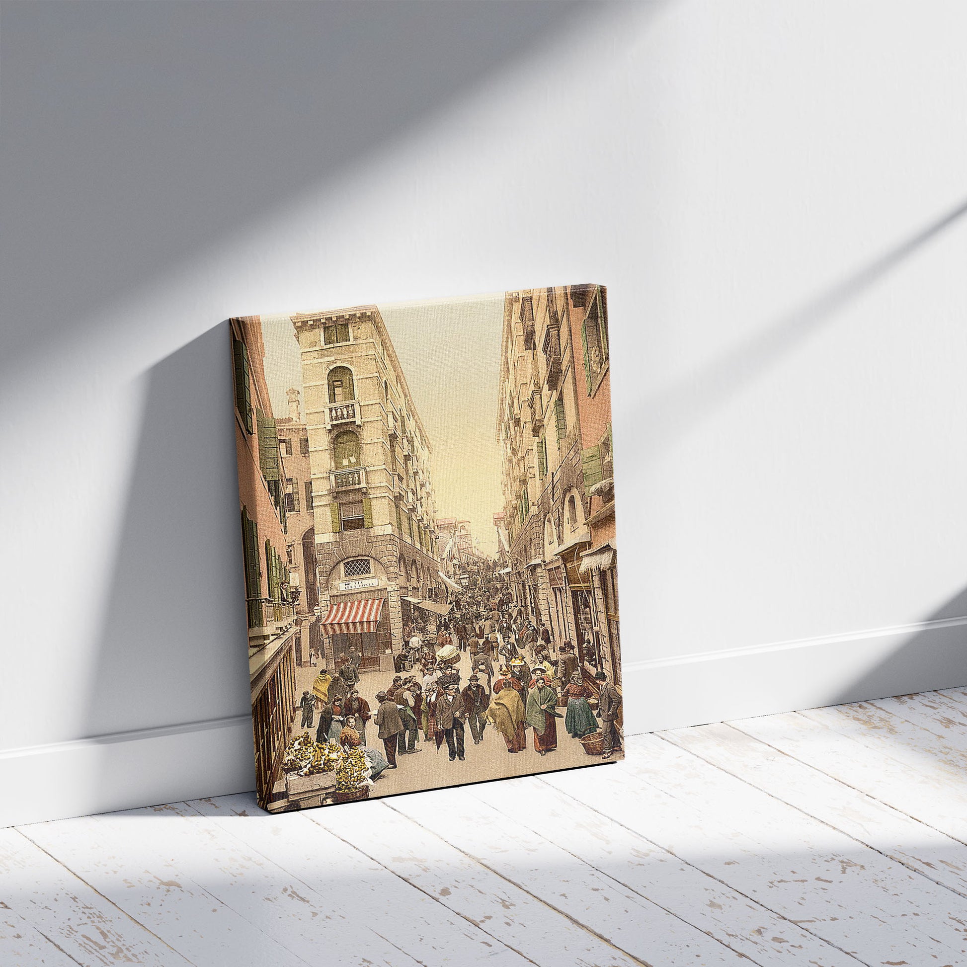 A picture of Street near the Rialto, Venice, Italy, a mockup of the print leaning against a wall