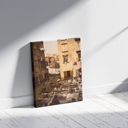 A picture of Street with washerwomen, Naples, Italy, a mockup of the print leaning against a wall