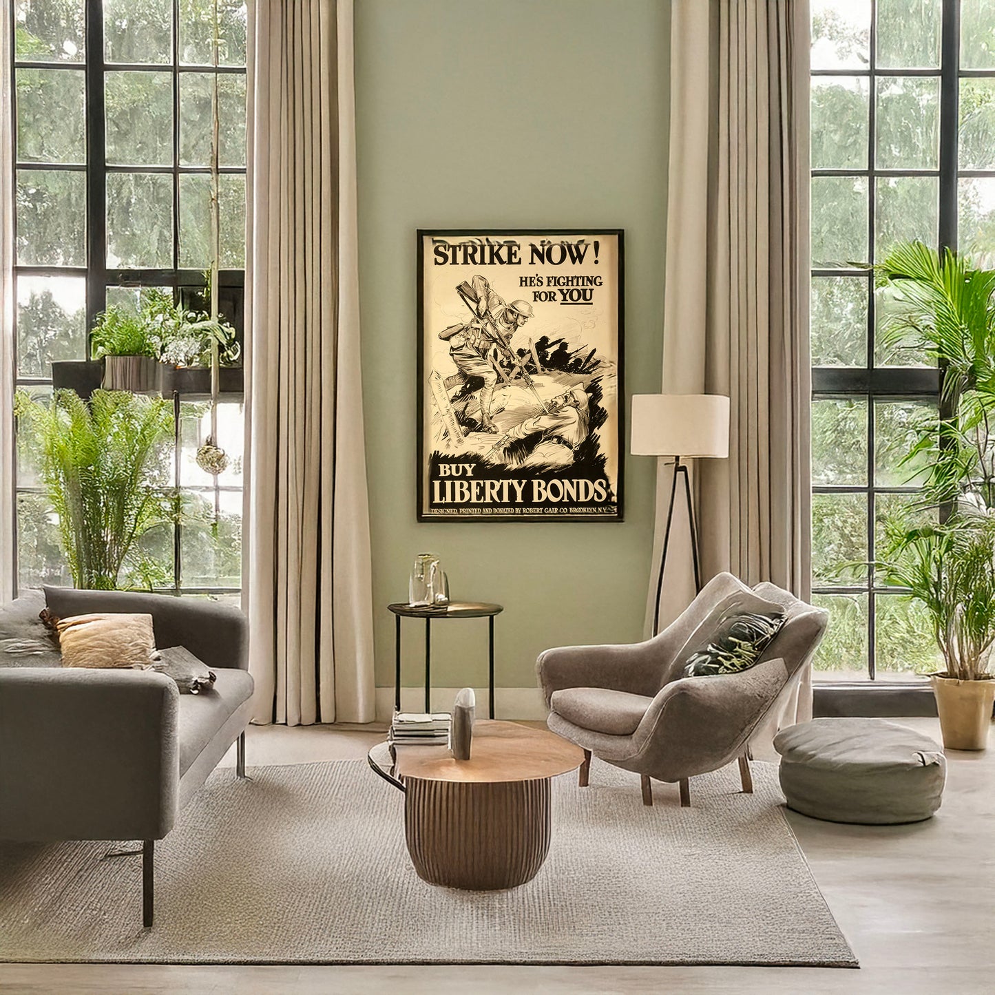 A picture of Strike now!--He's fighting for you--Buy Liberty Bonds, a mockup of the print leaning against a wall