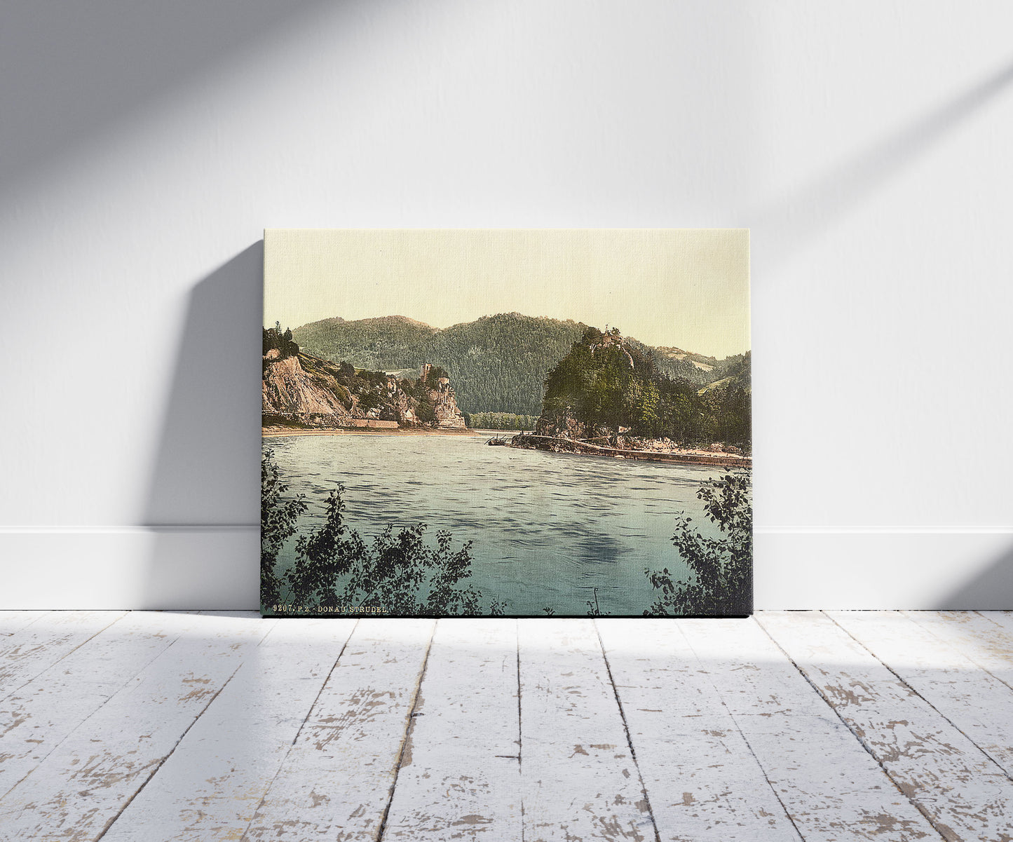 A picture of Strudel (i.e., rapids), Upper Austria, Austro-Hungary, a mockup of the print leaning against a wall