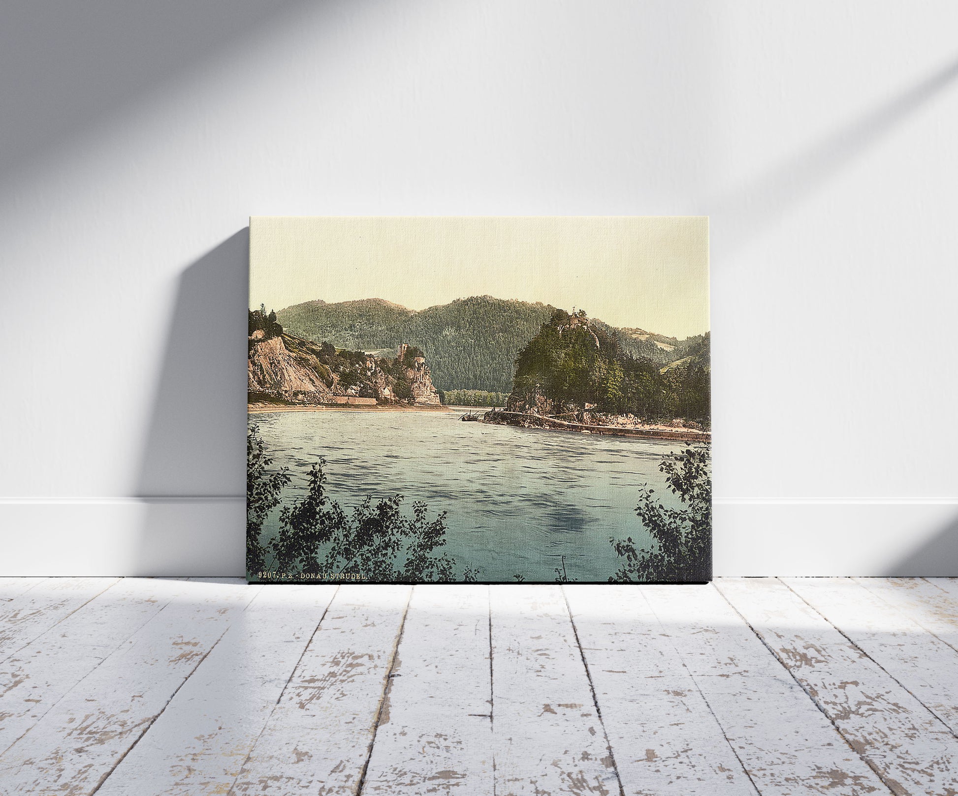 A picture of Strudel (i.e., rapids), Upper Austria, Austro-Hungary, a mockup of the print leaning against a wall